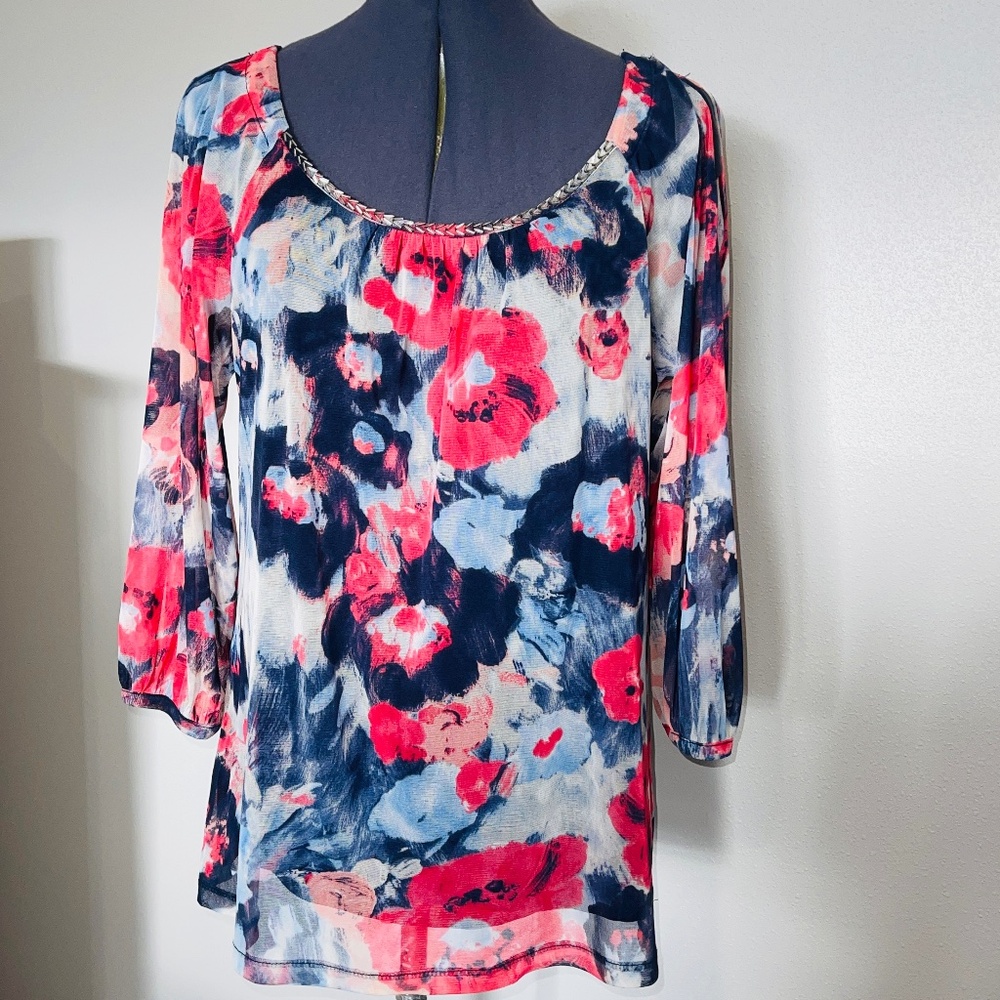 INC International Concepts Large Blue Pink Floral Top Sheer Cold Shoulder Beads